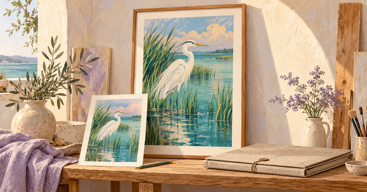 Illustrated artist’s studio with a framed imaginary heron artwork, a smaller paper version, a linen portfolio, and brushes in warm coastal light.