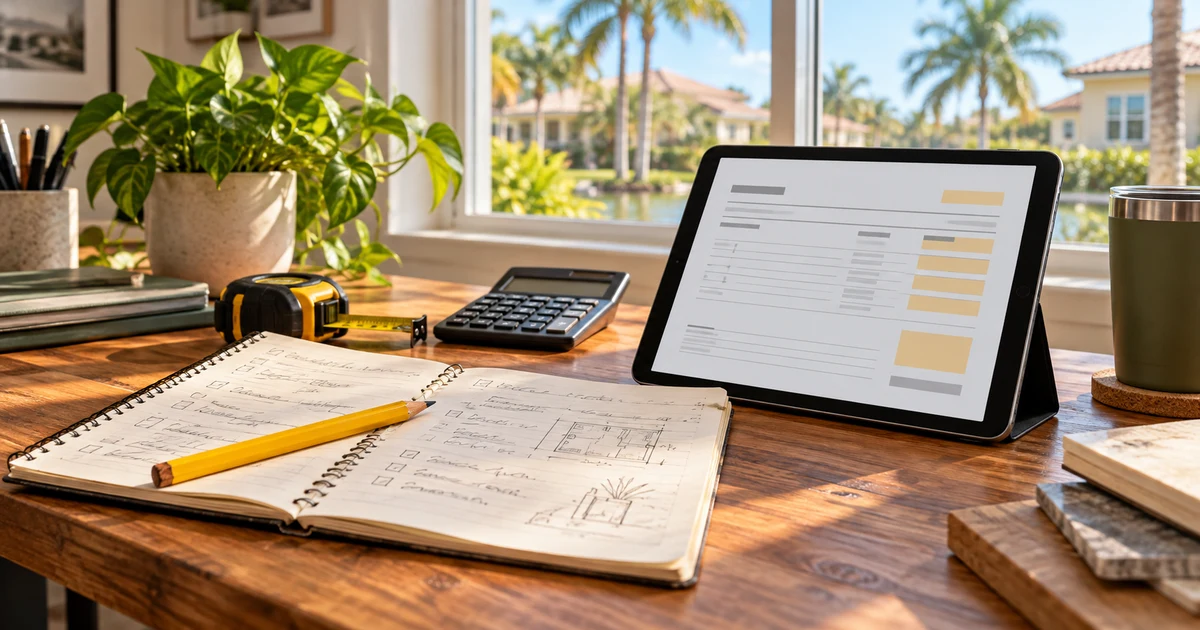 Illustrative service-business desk with handwritten job notes, a tape measure, calculator, and tablet showing an abstract estimate draft beside a sunny palm-lined window.