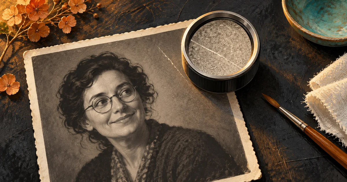 Gouache and charcoal illustration of a silver photographic loupe above a fictional monochrome portrait with round spectacles, on an amber-lit work surface.
