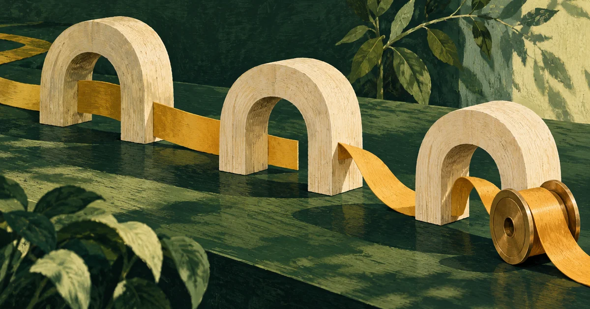 Textured green and ochre illustration of a ribbon passing through cream arches, with a gap and a brass spool suggesting a path resumed.