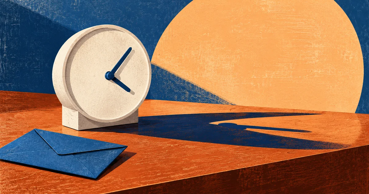 Linocut-style illustration of an ivory clock and folded blue envelope casting an indigo shadow across an apricot circle.