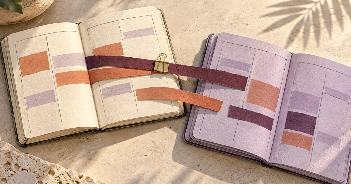 Cut-paper illustration of two overlapping ivory and lavender appointment planners, crossing terracotta strips and a brass clip on a sunlit desk.