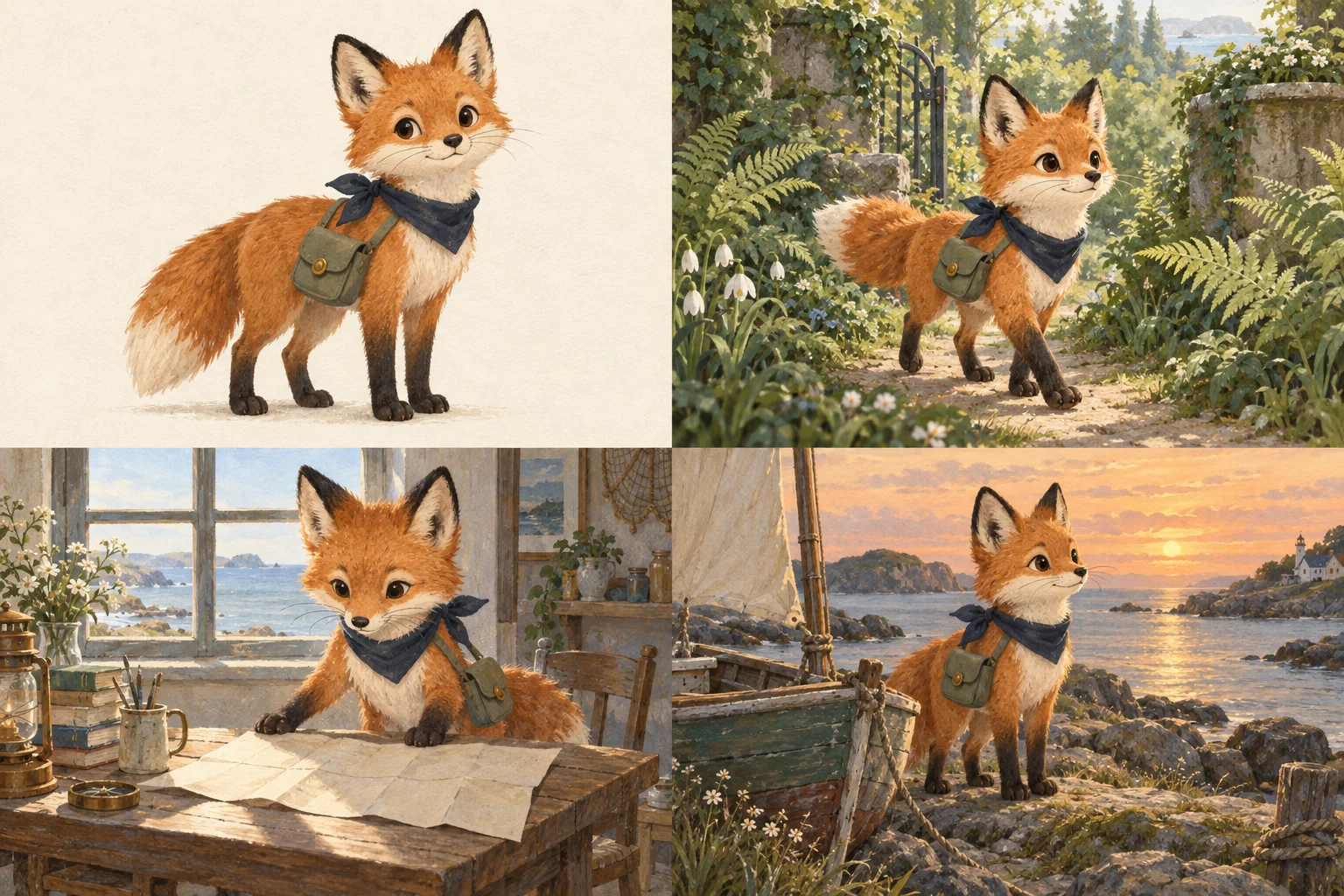 Four-panel illustration of an orange fox with a navy scarf and green satchel: a reference portrait, garden, studio, and harbor scenes.