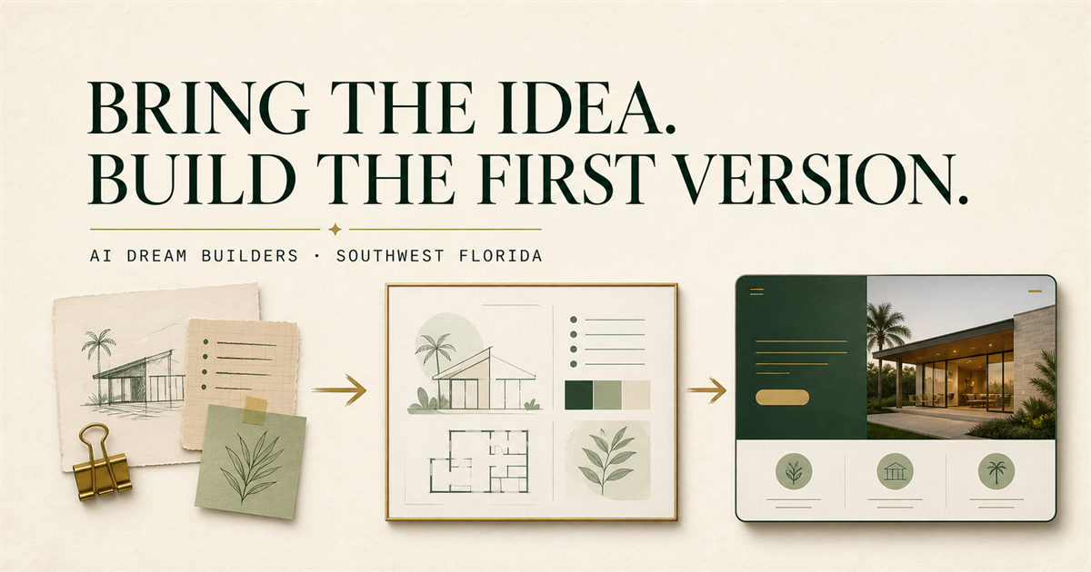 Original illustrated concept board showing an idea card, a reviewable prototype, and an organized project workspace.