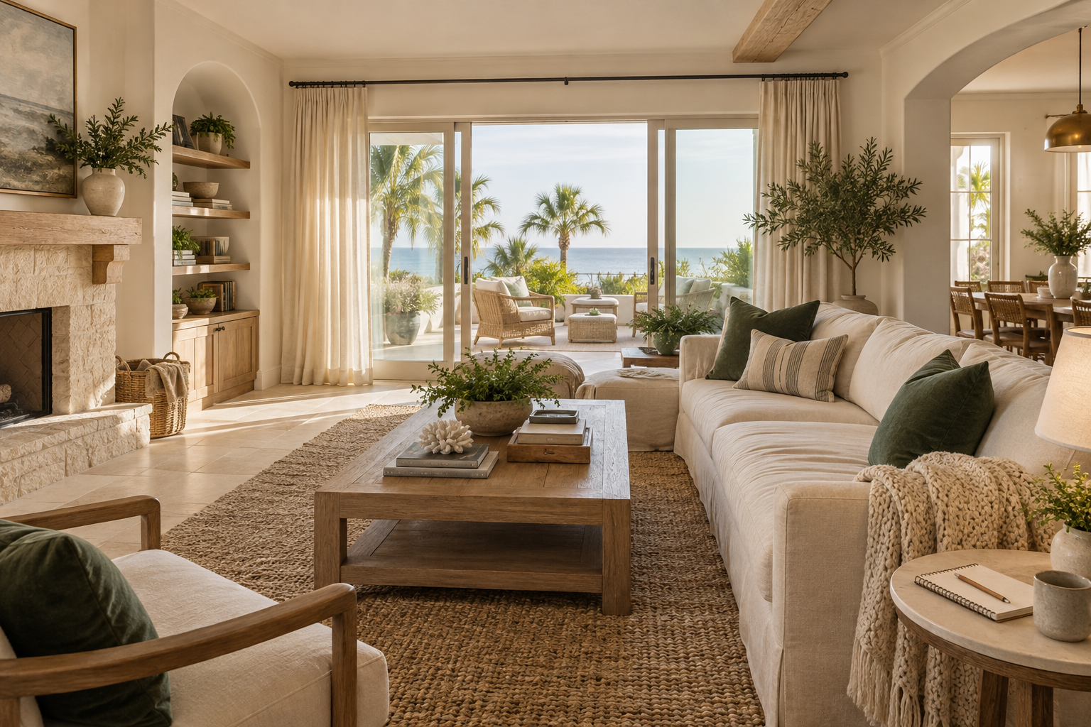 AI-generated editorial concept of a fictional, light-filled coastal living room with natural oak, linen, and evergreen accents.