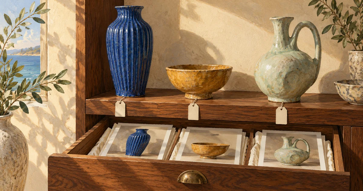 Painterly illustration of three imaginary ceramic vessels in a walnut cabinet, with their matching photographs arranged in an archival drawer.