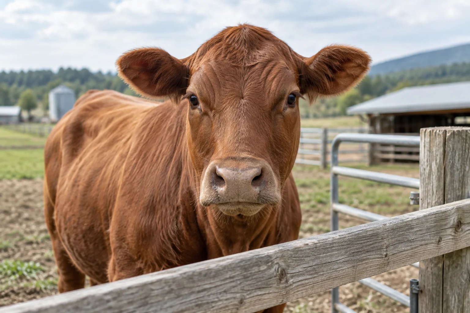 AI-generated illustration of a brown cow at a ranch fence, showing natural muzzle detail