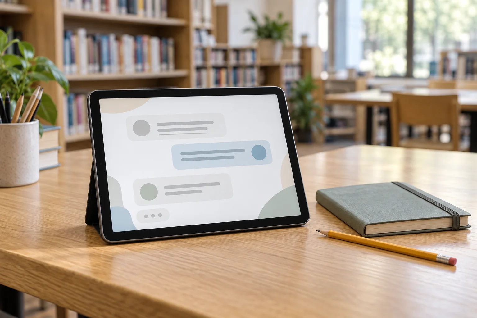 AI-generated SafeLink concept illustration of a tablet in a school library