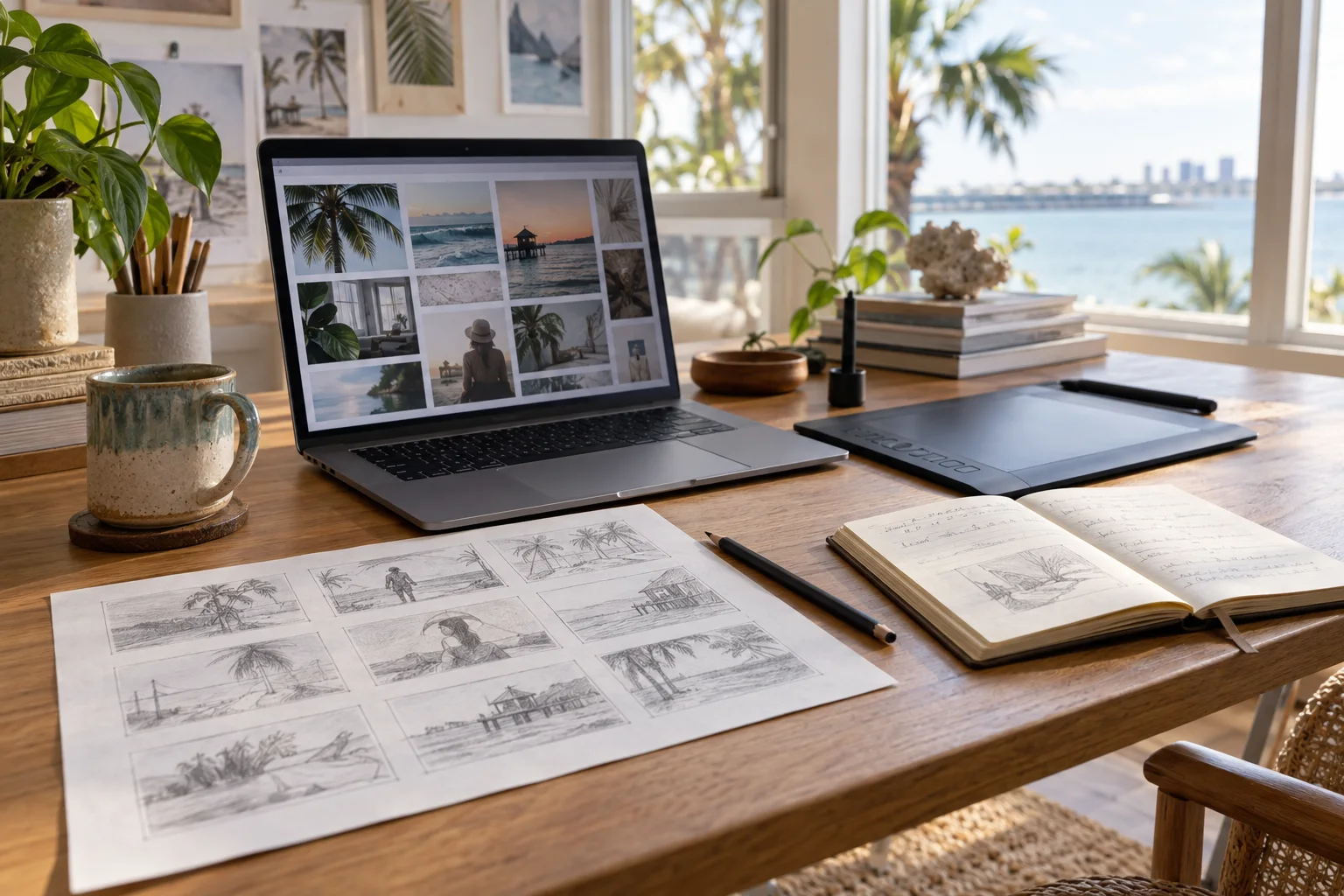 AI-generated illustration of a creative workspace with a laptop, drawing tablet, and paper storyboard