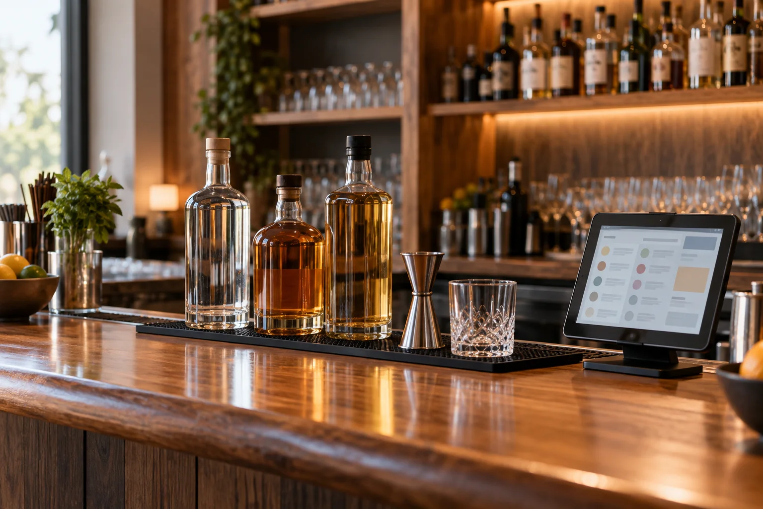 AI-generated TruePour concept illustration of bottles, a bar mat, and a tablet on a bar counter