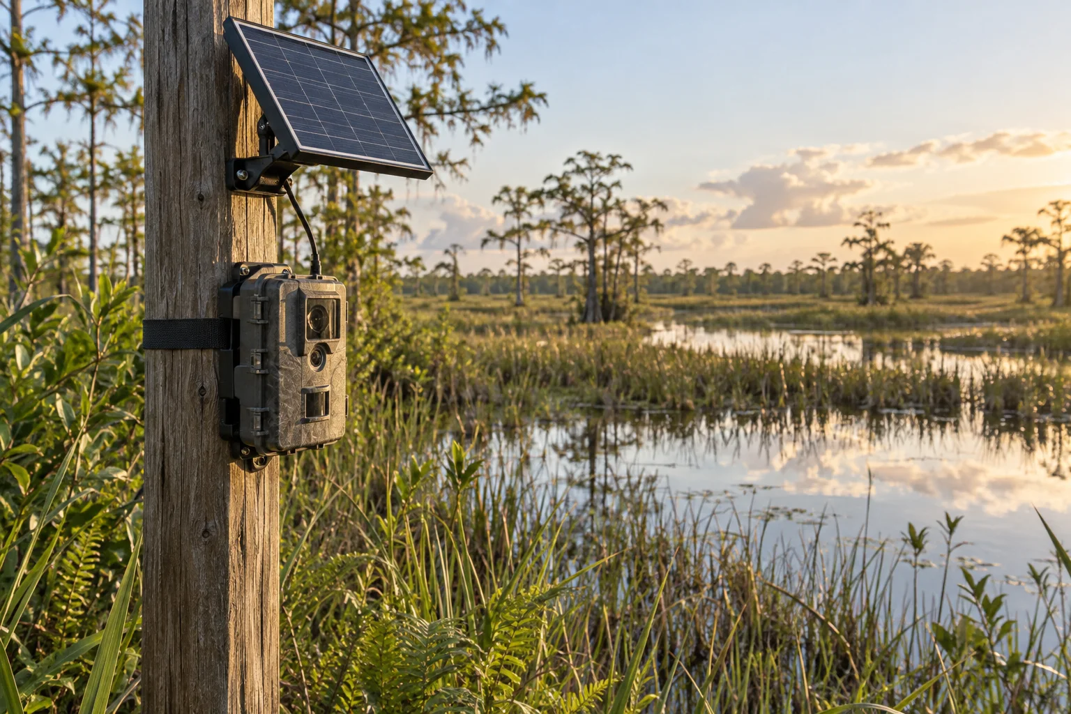 AI-generated design illustration of a solar-powered monitoring camera beside a Florida wetland