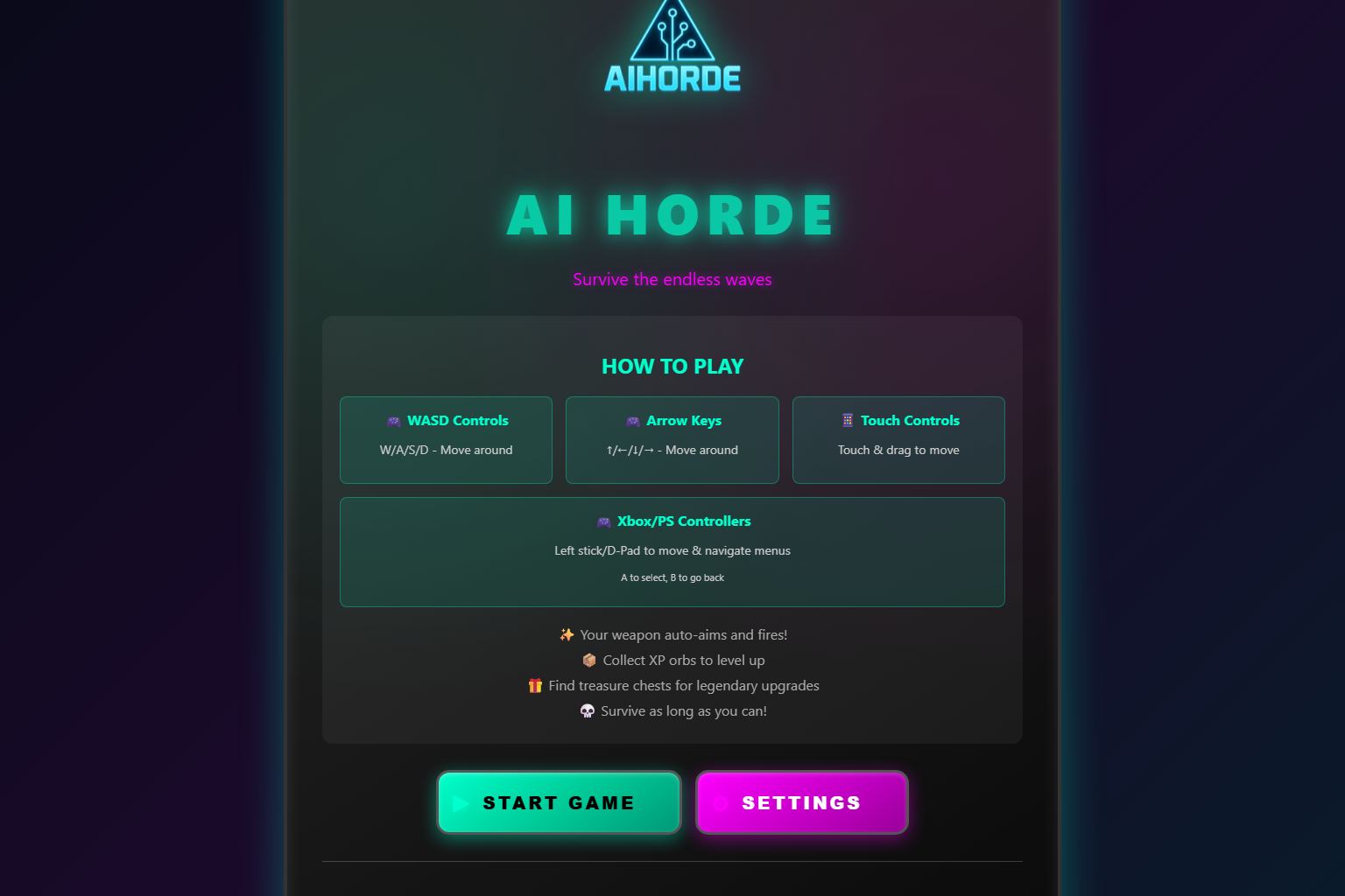 Screenshot of the AI Horde browser game start screen