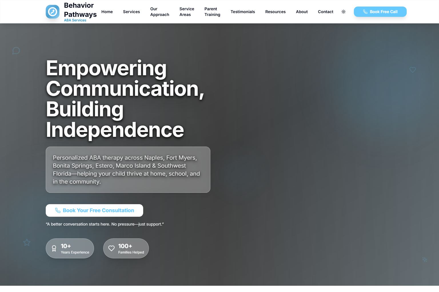 Screenshot of the Behavior Pathways ABA Services website home page