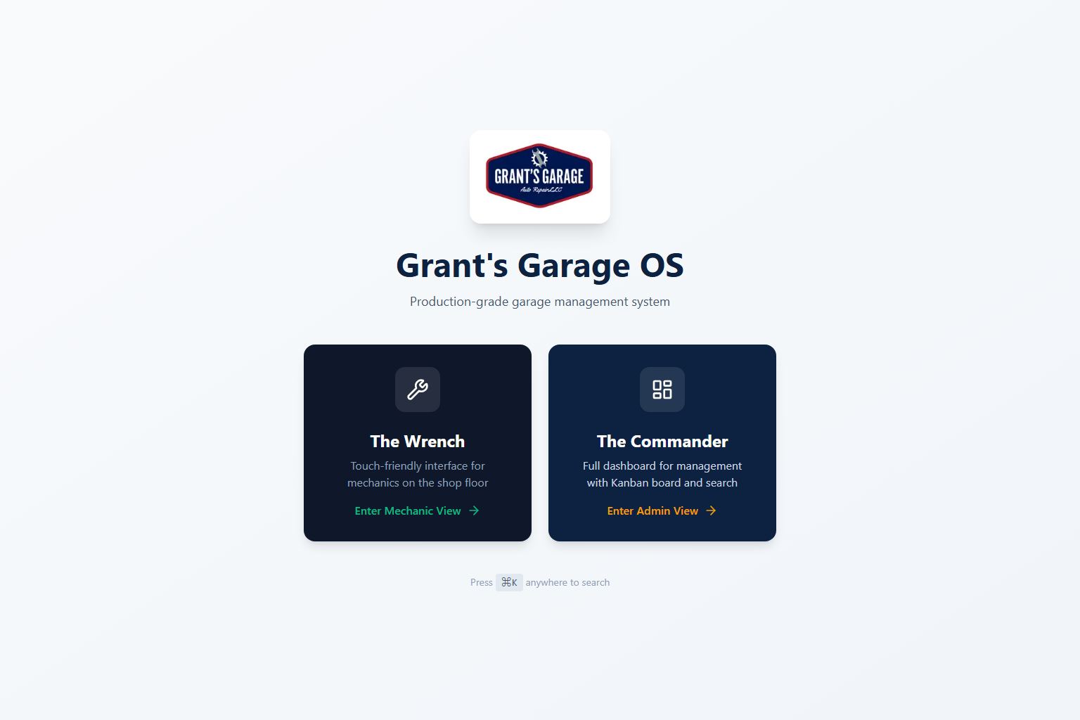 Screenshot of the Grant’s Garage OS entry screen with mechanic and admin views