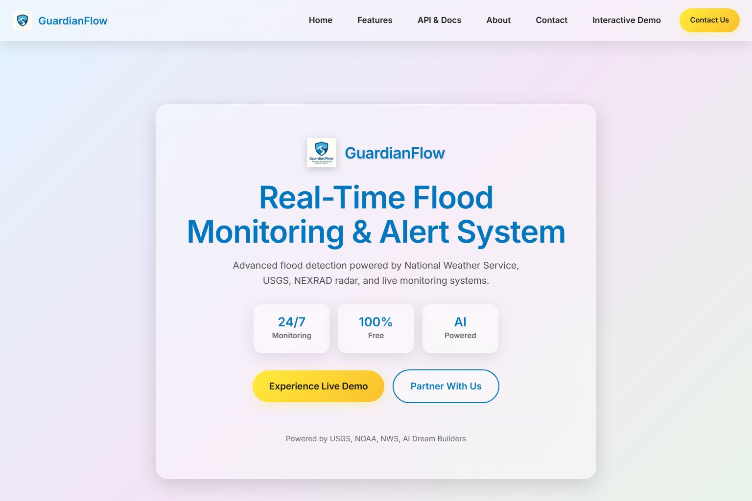 Screenshot of the GuardianFlow flood monitoring landing page
