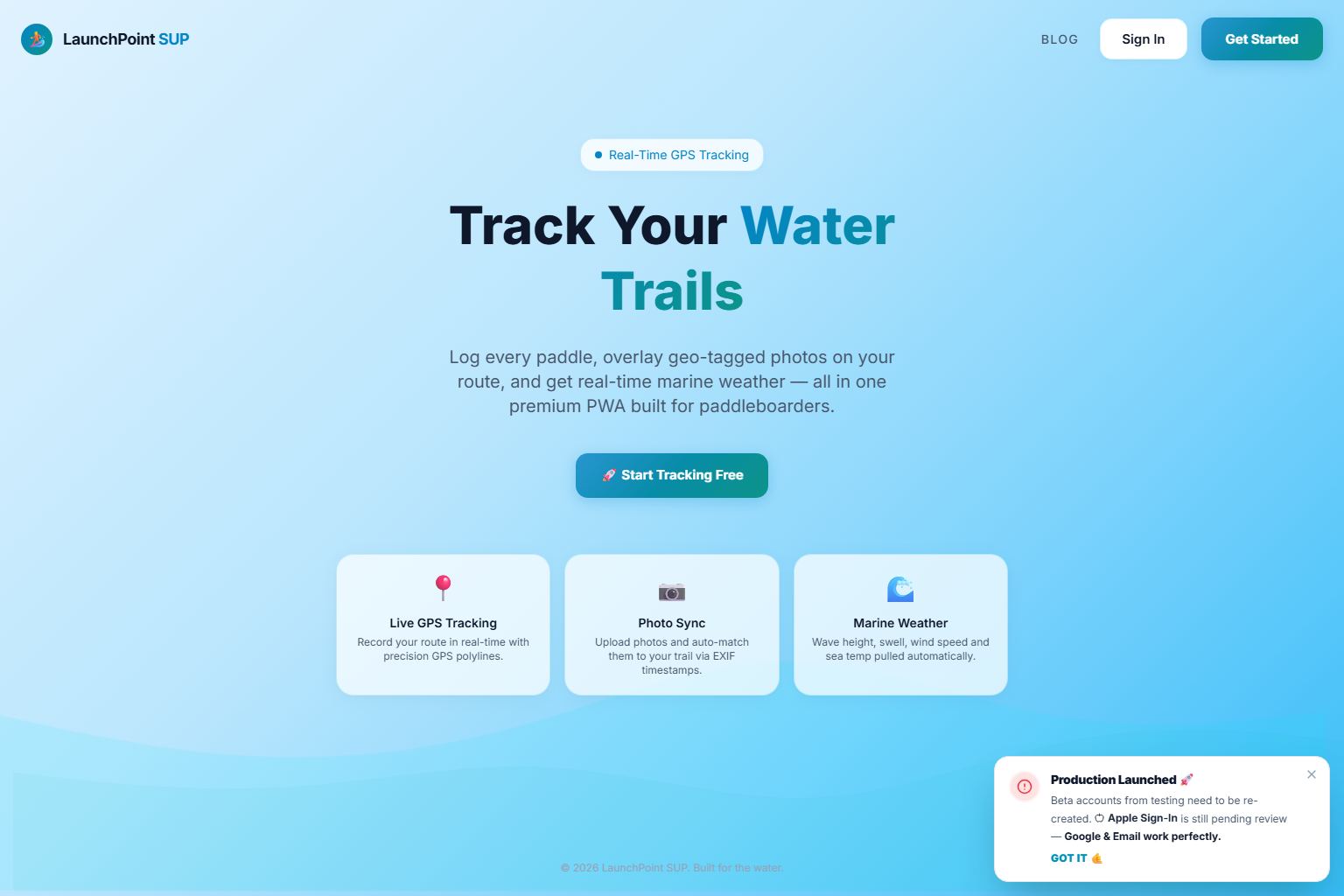 Screenshot of the LaunchPoint SUP paddleboarding app landing page