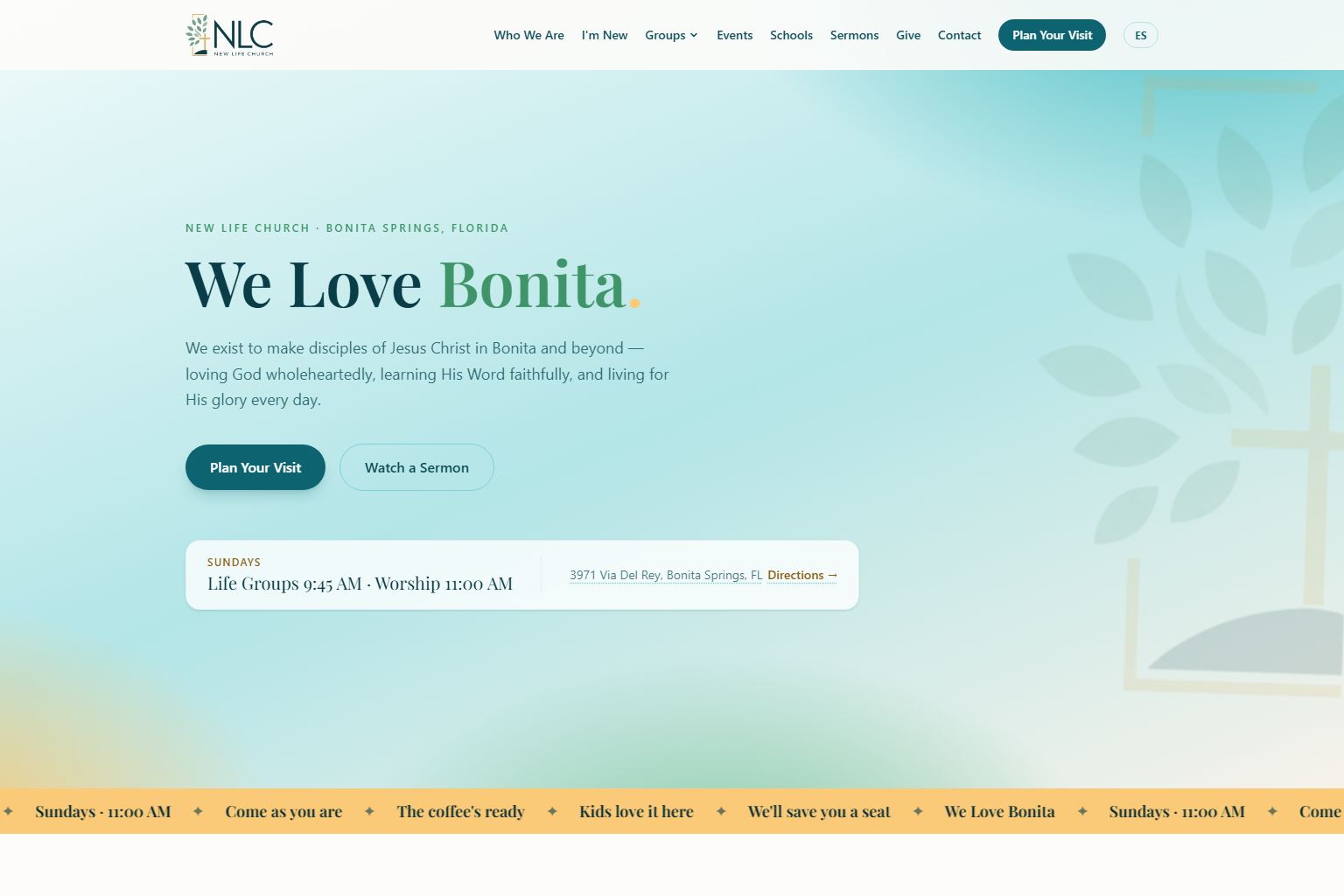 Screenshot of the New Life Church Bonita Springs website home page