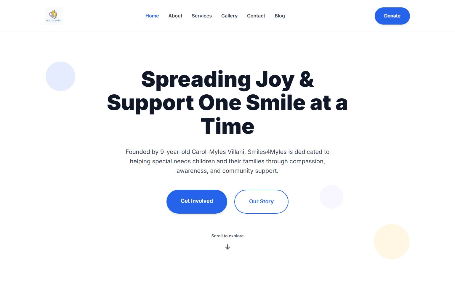 Screenshot of the Smiles4Myles website home page