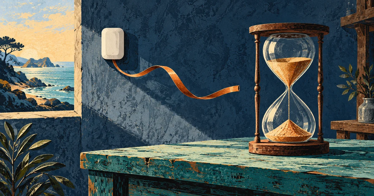 Textured blue and orange illustration of an imaginary wall sensor, a curling copper ribbon and an hourglass on a workshop bench.