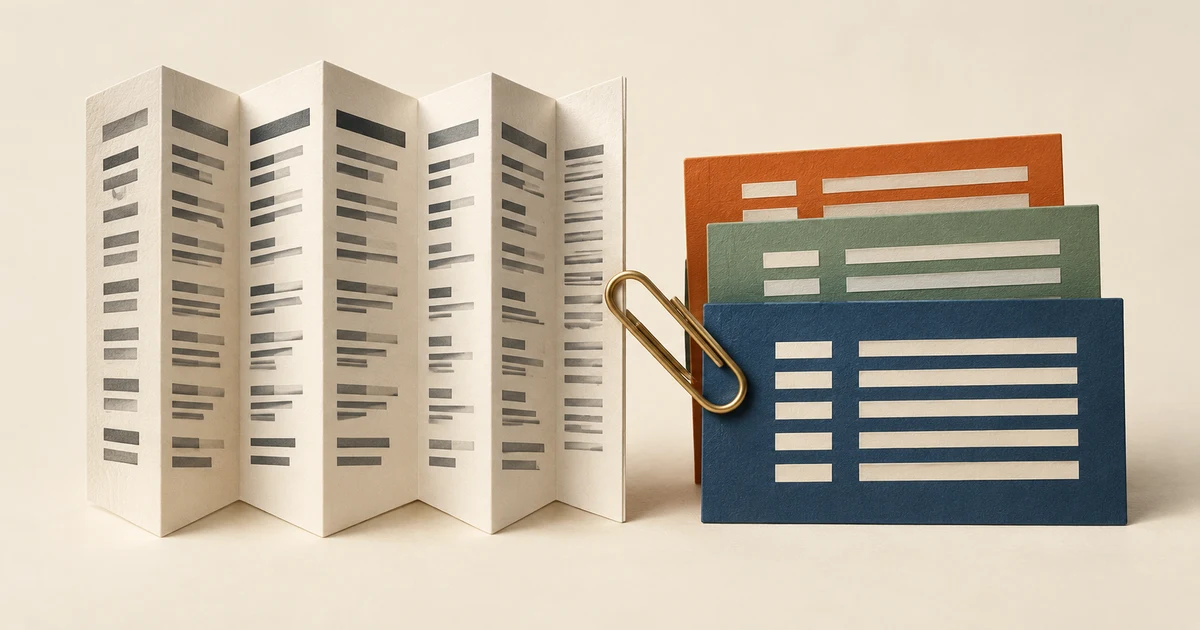 Symbolic paper illustration of an accordion-fold catalog beside navy, sage and orange information cards joined by a brass paper clip.