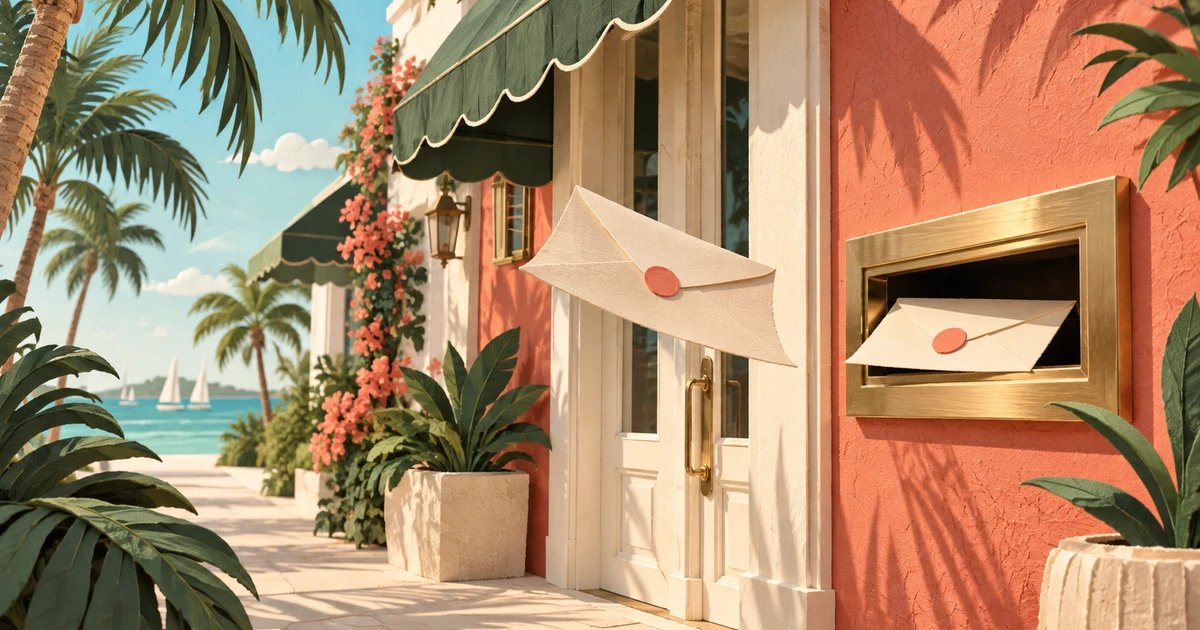 Paper-collage illustration of cream envelopes arriving at a brass mail slot on a fictional coral-colored coastal storefront with a green awning and palms.