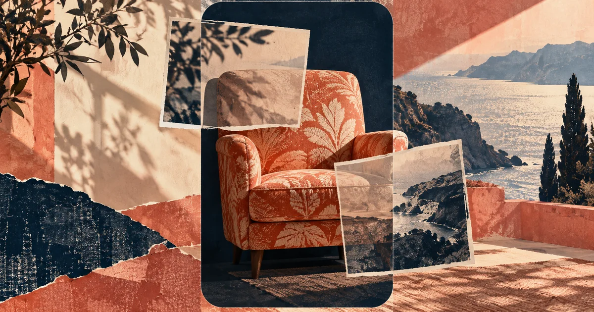 Coral and midnight-blue textile-collage illustration of an imaginary upholstered chair partly revealed inside a rounded rectangular viewfinder.